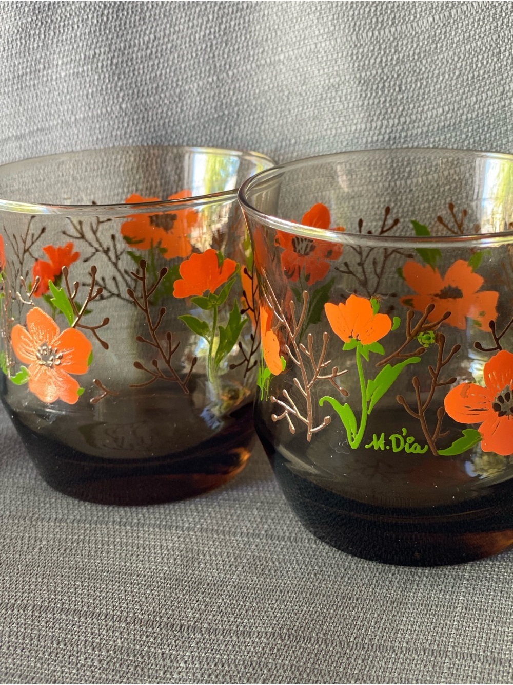 Vintage M. Dia Libbey Floral Smoked Glass Lowball Tumblers Set of 2